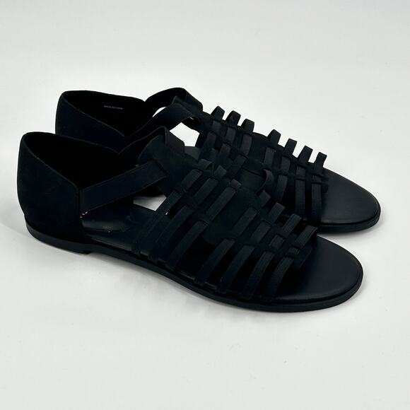 NWOT Eileen Fisher Rato Honey Leather Sandals 7.5 Flats Fisherman Black Travel - Picture 2 of 7